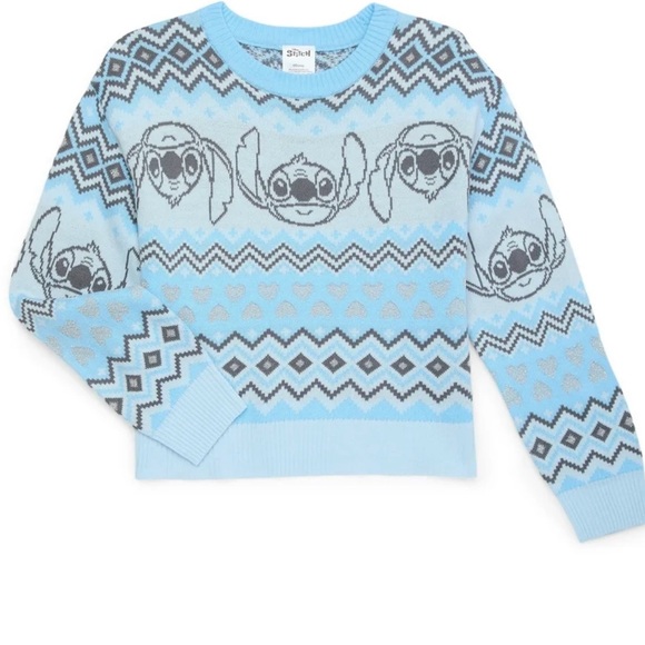 Disney Other - Disney Stitch Girls Metallic Blue Sweater Lurex Holiday Sweater